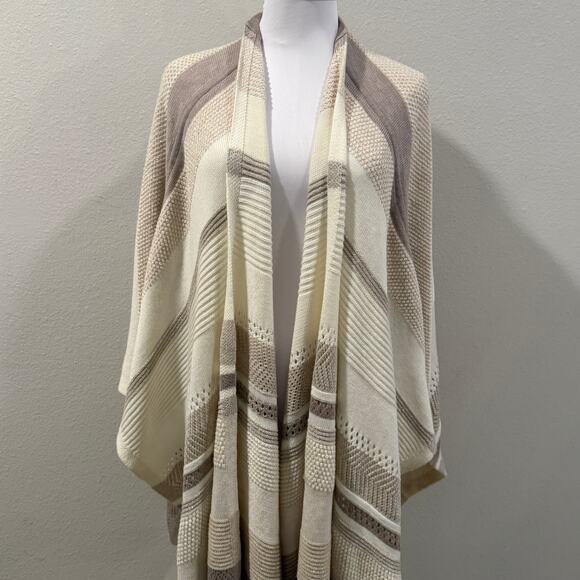 WHBM Wool Blend Knit Shawl Wrap M/L Neutral Cream Striped Shimmer Cape Poncho - Picture 3 of 8